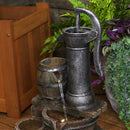 Sunnydaze Cozy Farmhouse Pump and Barrels Outdoor Fountain with Lights