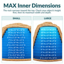 Maximum interior dimensions infographic comparing small and large tan artificial landscape rocks, featuring cutaway diagrams with blue measurement layers showing available width and depth at different heights to help determine the proper fit for outdoor objects.