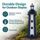 Infographic titled “Durable Design for Outdoor Display” featuring a navy and white lighthouse with callouts highlighting weather-resistant polyresin, indoor storage during freezing temperatures, and a sturdy base.