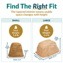 Size comparison infographic of small and large tan artificial landscape rocks. The small rock measures 11 inches high, 12.5 inches wide, and 8.5 inches deep, weighing 1.6 pounds. The large rock measures 14 inches high, 22.75 inches wide, and 19.5 inches deep, weighing 2.6 pounds.