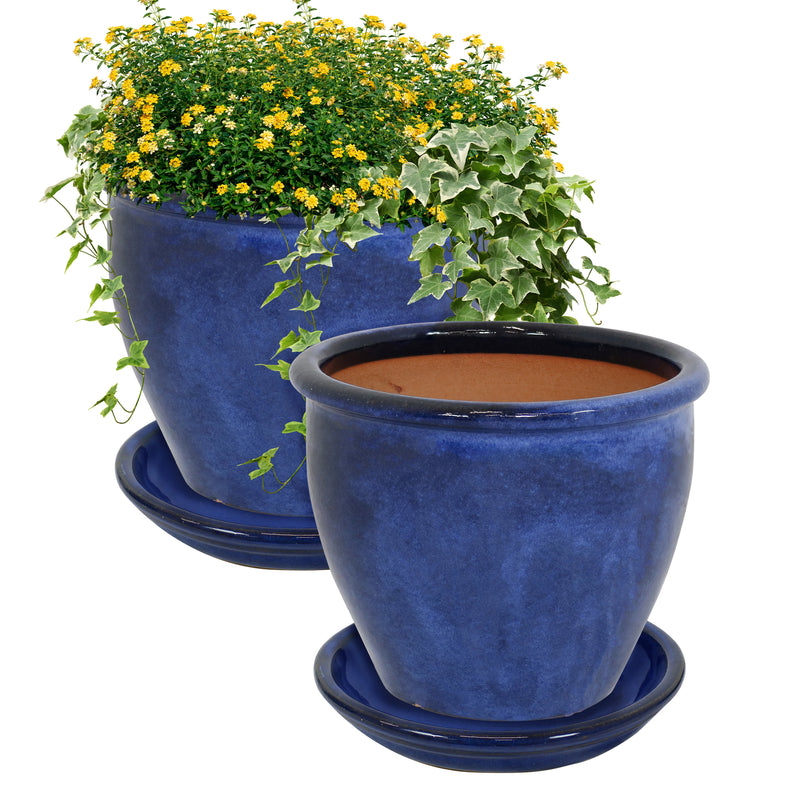 Sunnydaze Glazed Ceramic Planters with Saucers - Set of 2