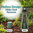 Infographic titled “Hollow Design Hides Yard Eyesores” showing a weathered brown and green lighthouse covering a green outdoor pipe, with before-and-after images.
