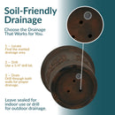 Brown decorative planter shown upside down with a close-up of the drainage holes and instructions for locating, drilling, and maintaining drainage for indoor or outdoor use.