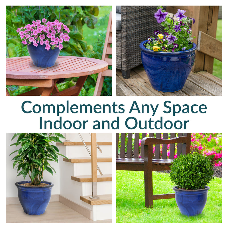 Sunnydaze Studio Round Glazed Ceramic Planter with Drainage