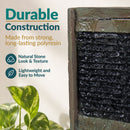 Infographic featuring the textured wall fountain, highlighting its durable polyresin construction, natural stone look and texture, and lightweight, easy-to-move design.