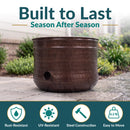 Bronze Hammered Iron Hose Pot highlighting durable steel construction with rust- and UV-resistant properties, plus a lightweight 6.2-pound design for easy repositioning.