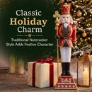 Red and gold Christmas nutcracker king holding a gold scepter, displayed beside a wrapped gift and illuminated lantern with a decorated Christmas tree in the background. Text reads “Classic Holiday Charm” and “Traditional Nutcracker Style Adds Festive Character.”