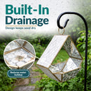 Modern Mosaic Fly-Through Bird Feeder in mirrored diamond shown hanging outdoors in the rain. Built-in drainage helps reduce water buildup and keeps birdseed drier.