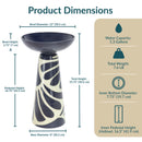Product dimensions infographic for a navy blue and cream pedestal bird bath, showing bowl, pedestal, base, height, water capacity, weight, and inner pedestal measurements.