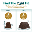 Size comparison infographic of small and large brown artificial landscape rocks. The small rock measures 11 inches high, 12.5 inches wide, and 8.5 inches deep, weighing 1.6 pounds. The large rock measures 14 inches high, 22.75 inches wide, and 19.5 inches deep, weighing 2.6 pounds.