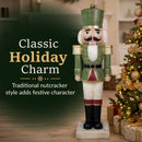 Green and red Christmas nutcracker statue displayed beside a decorated Christmas tree with wrapped gifts, with text reading “Classic Holiday Charm” and “Traditional nutcracker style adds festive character.”
