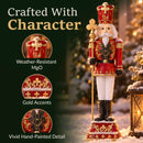 Red and gold Christmas nutcracker king holding a gold scepter, with close-up callouts highlighting weather-resistant MGO, gold accents, and vivid hand-painted detail.