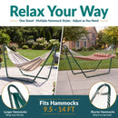 Green metal hammock stand shown with two hammock styles outdoors. Adjustable design fits hammocks from 9.5 to 14 feet, with longer hammocks wrapping over the bar and shorter hammocks attaching to the top hook.