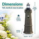 Dimensions infographic featuring a weathered brown and green lighthouse with callouts showing a total height of 35 inches, weight of 13.4 pounds, width of 11.75 inches, and depth of 10.75 inches.