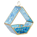 Modern Mosaic Fly-Through Bird Feeder in blue featuring mosaic glass panels, an open fly-through design, gold-tone metal trim, and a circular hanging ring.