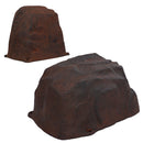 Two brown artificial landscape rocks in small and large sizes, featuring realistic textured surfaces, irregular shapes, and built-in stake holes, displayed on a white background.