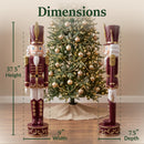 Dimensions diagram for the Kristoff Christmas Nutcracker showing a 37.5-inch height, 9-inch width, and 7.5-inch depth, displayed beside a decorated Christmas tree for scale.