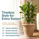 Cream decorative planter with a leafy indoor plant, highlighting indoor and outdoor use, durable polyresin, weather resistance, and hand-painted finish.