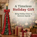 Infographic featuring a green Christmas tree sculpture with a red bow and gold star displayed beside wrapped gifts and a decorated Christmas tree, highlighting it as a holiday gift.