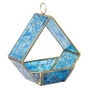 Modern Mosaic Fly-Through Bird Feeder in blue featuring mosaic glass panels, an open fly-through design, gold-tone metal trim, and a circular hanging ring.