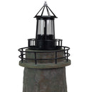 Close-up of a weathered brown and green lighthouse statue featuring a black lantern, glass enclosure, and metal railing against a white background.