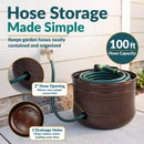 Bronze Hammered Iron Hose Pot shown storing a coiled garden hose, featuring a 100-foot hose capacity, 2-inch side opening for easy spigot connection, and three drainage holes to help reduce water buildup.