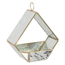 Modern Mosaic Fly-Through Bird Feeder in mirrored diamond featuring reflective mosaic glass panels, an open fly-through design, gold-tone metal trim, and a circular hanging ring.