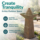 Infographic featuring an outdoor pedestal fountain with a tiered pyramid water feature, highlighting soothing water sounds, enhanced outdoor spaces, and a peaceful atmosphere.