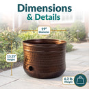 Dimensions and details graphic for the bronze Hammered Iron Hose Pot showing a 19-inch diameter, 13.25-inch height, and 6.2-pound weight.