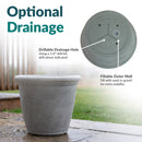 Sunnydaze 15.25-Inch Anjelica Large Plastic Pot for Plants - Outdoor Double-Walled Large Plastic Planter with Drillable Drainage Holes - Light Gray, highlighting optional drainage hole and fillable outer wall design