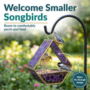 Modern Mosaic Fly-Through Bird Feeder in iridescent purple shown hanging in a garden with small songbirds perching and feeding. Open fly-through design provides room for birds to comfortably perch and access the seed.