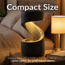 Compact black spiral tabletop fountain with warm interior lighting and cascading water, measuring approximately 7.75" x 7.75" x 14" for small indoor spaces.
