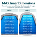 Size comparison infographic of small and large gray artificial landscape rocks featuring cutaway diagrams with blue measurement layers showing maximum interior width and depth at different heights to help determine the proper fit for outdoor objects.