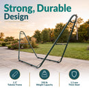 Green metal hammock stand featuring a strong, durable design with a 1.5-inch tubular frame, 550-pound weight capacity, and 1.5 mm thick steel construction.