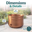 Dimensions and details graphic for the copper Hammered Iron Hose Pot showing a 19-inch diameter, 13.25-inch height, and 6.2-pound weight.