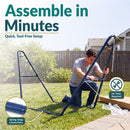 Blue metal hammock stand shown being assembled outdoors. Tool-free setup features spring-snap connections for quick and easy assembly.