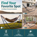 Blue metal hammock stand shown in a yard, on a patio, and on a porch. Freestanding design requires no trees, posts, drilling, or permanent installation, weighs 33 pounds, and is easy to move and reposition.