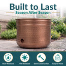 Copper Hammered Iron Hose Pot highlighting durable steel construction with rust- and UV-resistant properties, plus a lightweight 6.2-pound design for easy repositioning.