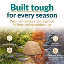 Tan artificial landscape rock displayed in a garden across changing seasons, highlighting weather-resistant polyresin construction, UV resistance, and protection against rain, snow, cracking, fading, and extreme temperatures.