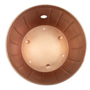 Top-down interior view of the copper Embossed Panel Hose Pot showing the spacious interior, side hose access opening, and drainage holes in the base.