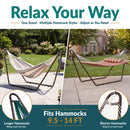 Bronze metal hammock stand shown with two hammock styles outdoors. Adjustable design fits hammocks from 9.5 to 14 feet, with longer hammocks wrapping over the bar and shorter hammocks attaching to the top hook.