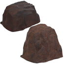 Two dark brown artificial landscape rocks with realistic stone textures, irregular shapes, and a weathered finish, shown from different angles against a white background.