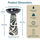 Product dimensions infographic for a decorative glass birdbath showing a 12-inch bowl diameter, 2.75-inch bowl height, 16.75-inch pedestal height, 19.75-inch total height, 8-inch base diameter, 1.3-gallon water capacity, 7.6-pound total weight, and pedestal interior dimensions.