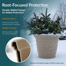 Cream decorative planter in snow highlighting its double-walled design, root insulation, added stability, and removable bottom plug for filling the outer wall.