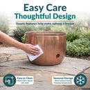 Copper Embossed Panel Hose Pot shown being wiped clean with a soft cloth, highlighting simple maintenance and recommended indoor storage during freezing temperatures.
