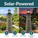 Infographic titled “Solar-Powered” showing a weathered brown and green lighthouse illuminated during the day and at night, with callouts for no cords, auto output, an on/off switch, and a 4-hour battery backup.