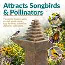 Infographic featuring an outdoor pedestal fountain with gently flowing water, highlighting its ability to attract songbirds, butterflies, and other pollinators.