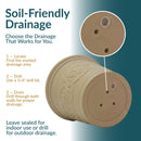 Cream decorative planter shown on its side with a close-up of the drainage holes and instructions for drilling through both walls for outdoor drainage.