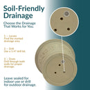 Tan decorative planter shown upside down with a close-up of the drainage holes and instructions for locating, drilling, and maintaining drainage for indoor or outdoor use.