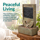 Infographic featuring an indoor wall fountain in a bright sunroom, highlighting the soothing sound of flowing water and a calm, inviting atmosphere.